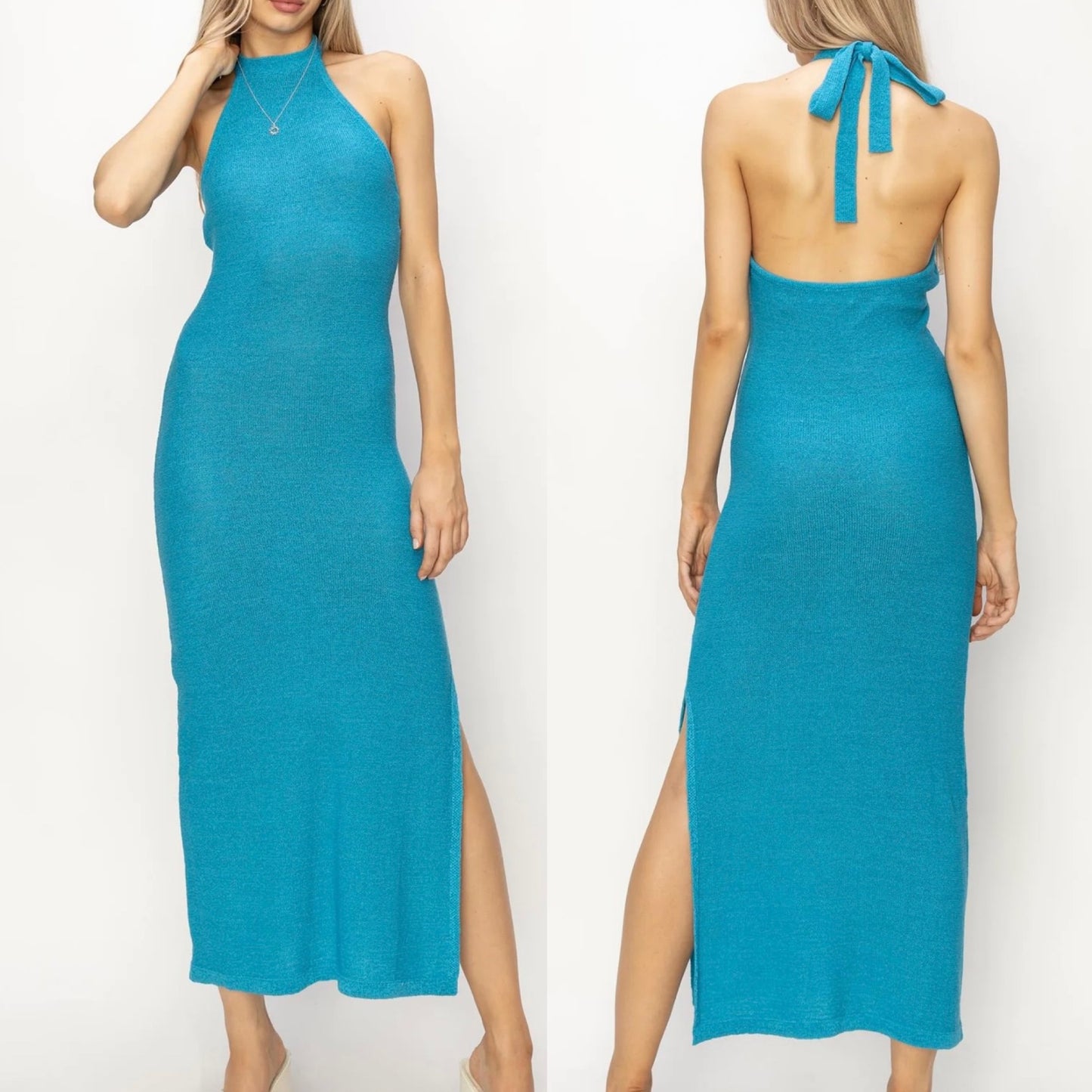 Teal knit halter maxi dress
