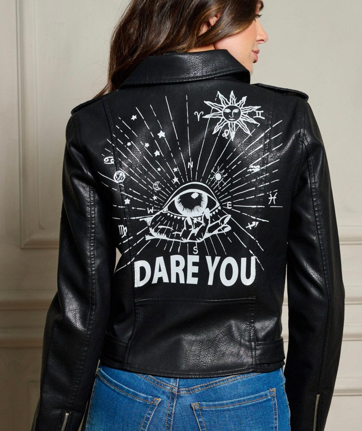 Black graphic moto jacket