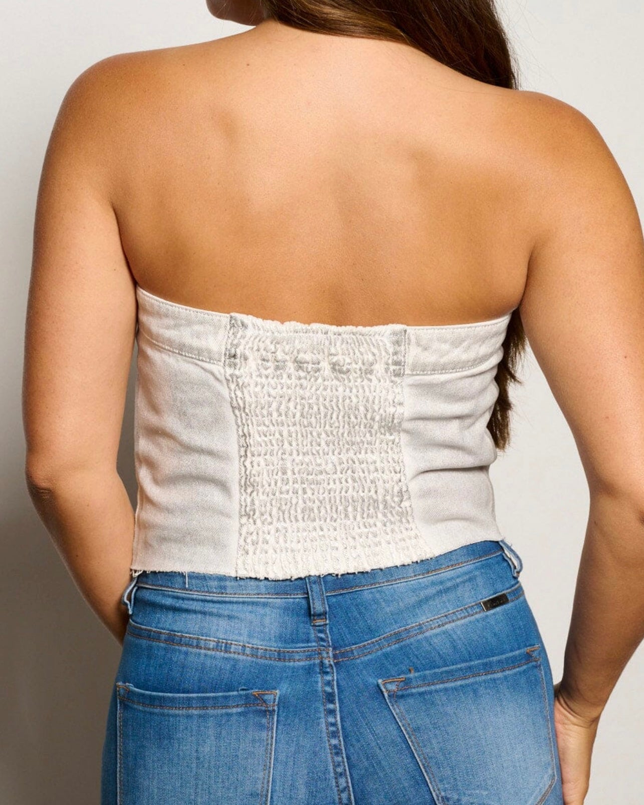 Metallic denim strapless top
