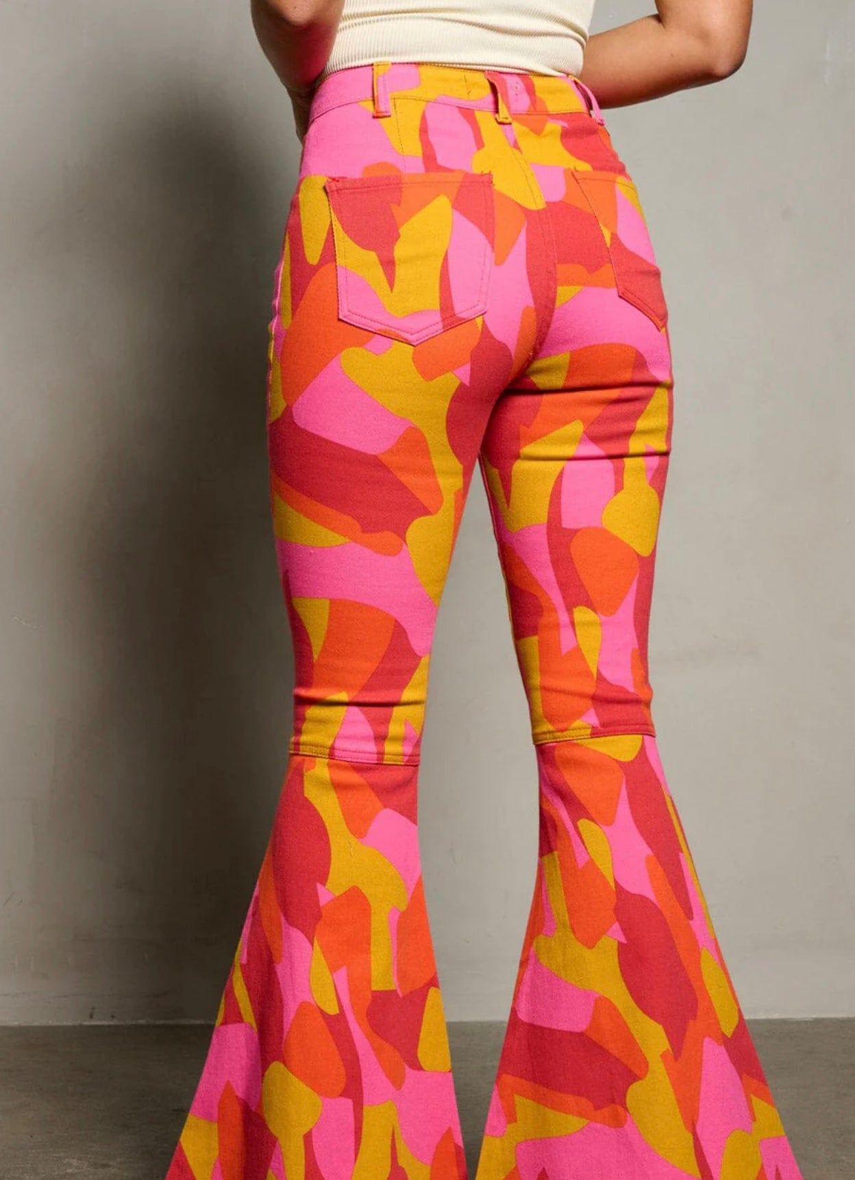 Geometric multi-print Bell bottom denim
