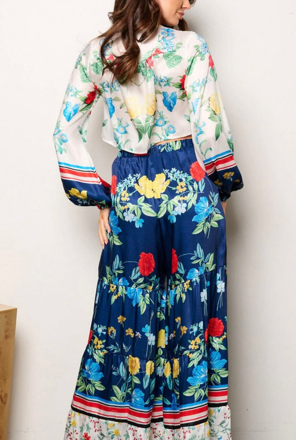 Blue satin floral pantsuit