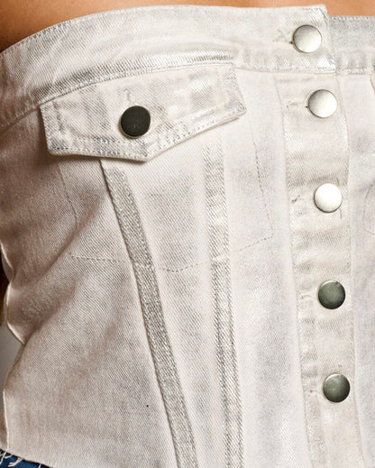Metallic denim strapless top